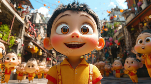 A cheerful young boy in a yellow outfit grins widely as he explores a festive street filled with colorful decorations and lively characters