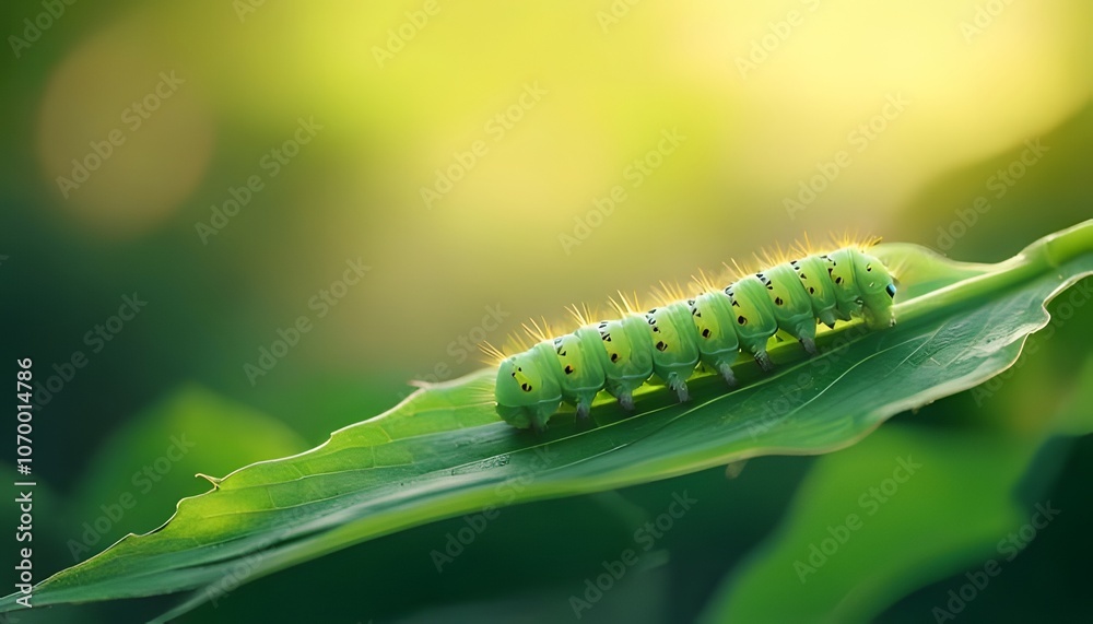 Caterpillar on leaf, intricate pattern, blurred nature background, 3D illustration. Caterpillar on leaf, intricate pattern, blurred nature background, 3D illustration.