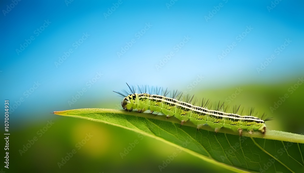 Caterpillar on leaf, intricate pattern, blurred nature background, 3D illustration. Caterpillar on leaf, intricate pattern, blurred nature background, 3D illustration.