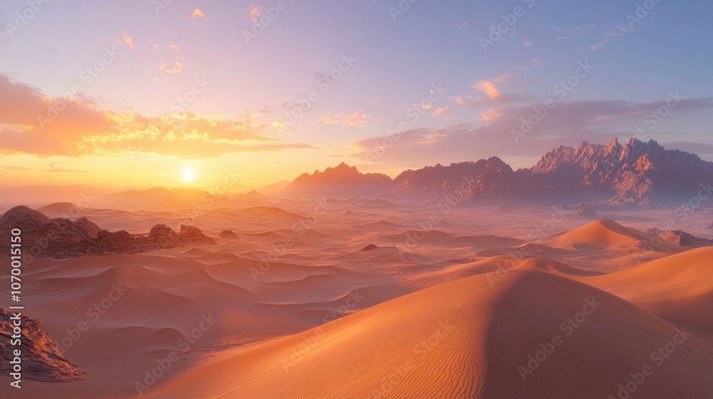 Breathtaking desert landscape at sunset, featuring rolling dunes and distant mountains under a vibrant sky. Breathtaking desert landscape at sunset, featuring rolling dunes and distant mountains under a vibrant sky.