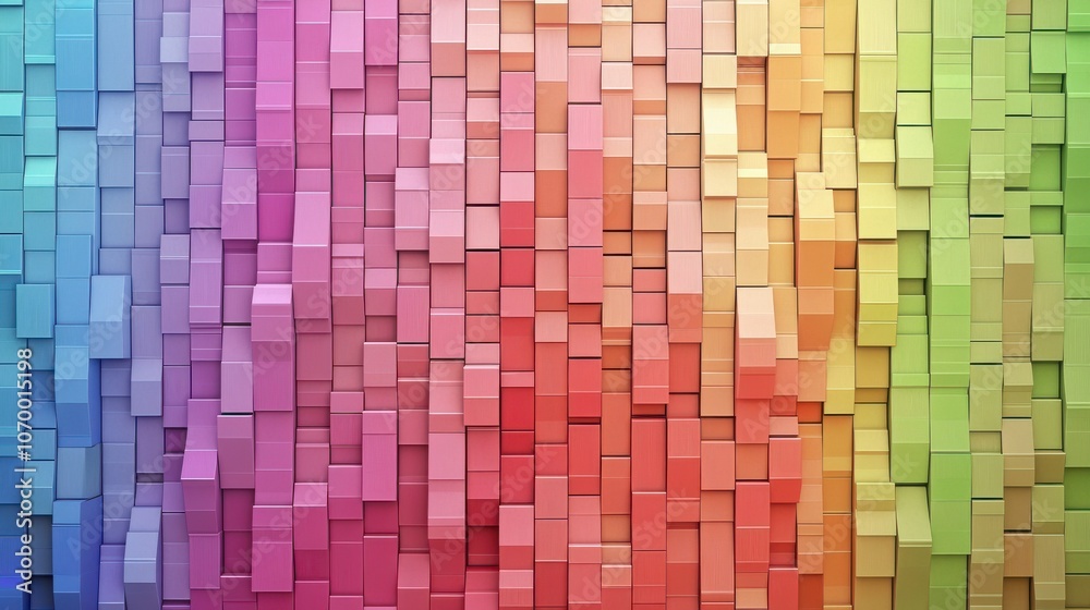 Fototapeta premium Abstract colorful wall made of 3D cubes in a gradient from blue to red, creating a vibrant and lively atmosphere.