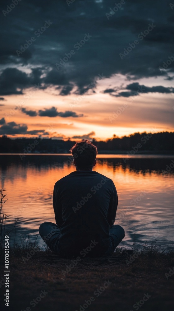 Tranquil sunset reflection with silhouette by lakeside Tranquil sunset reflection with silhouette by lakeside