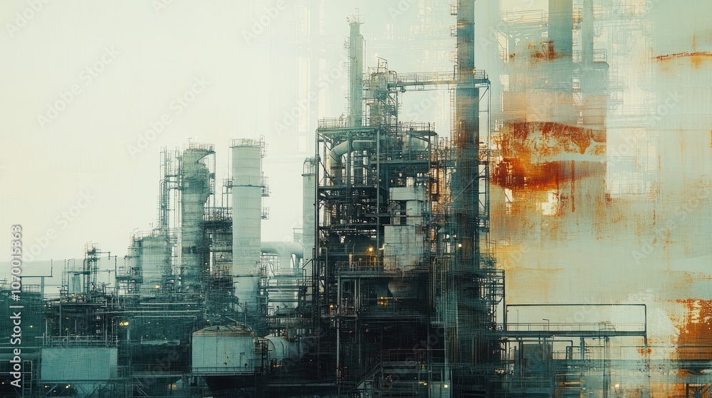 Industrial complex with pipes and structures, showcasing manufacturing processes.