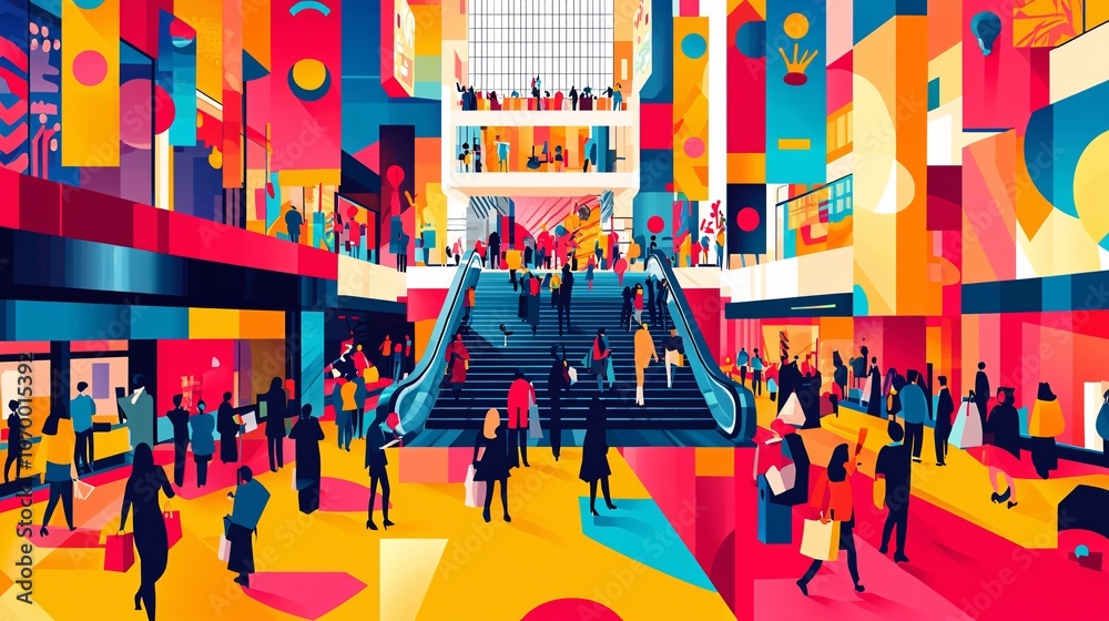 Obraz premium Shopping Mall Interior with People and Colorful Geometric Shapes.