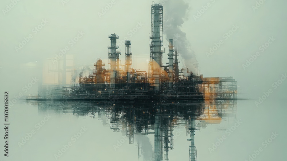 Industrial landscape with smokestacks reflecting on water, conveying pollution and industry. Industrial landscape with smokestacks reflecting on water, conveying pollution and industry.