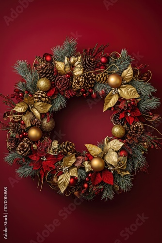 Christmas Wreath Made of Tree Branches with Golden and Red Balls, Ribbons, and Cones