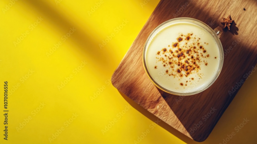 Traditional Indian masala chai latte in a glass cup, with milk and spices, placed on a rustic wooden board against a vibrant yellow background; hard shadows and top view for a warm, cultural aesthetic Traditional Indian masala chai latte in a glass cup, with milk and spices, placed on a rustic wooden board against a vibrant yellow background; hard shadows and top view for a warm, cultural aesthetic