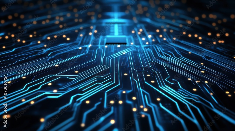 Close-up view of a blue circuit board with intricate pathways and glowing lights, representing technology and innovation. Close-up view of a blue circuit board with intricate pathways and glowing lights, representing technology and innovation.