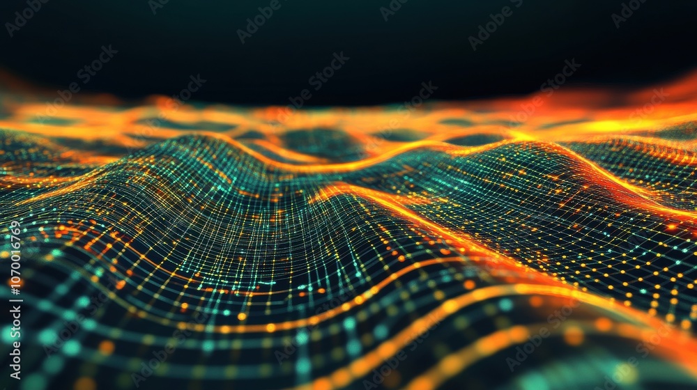 Abstract digital wave patterns in vibrant orange and blue tones, creating a mesmerizing visual effect. Abstract digital wave patterns in vibrant orange and blue tones, creating a mesmerizing visual effect.