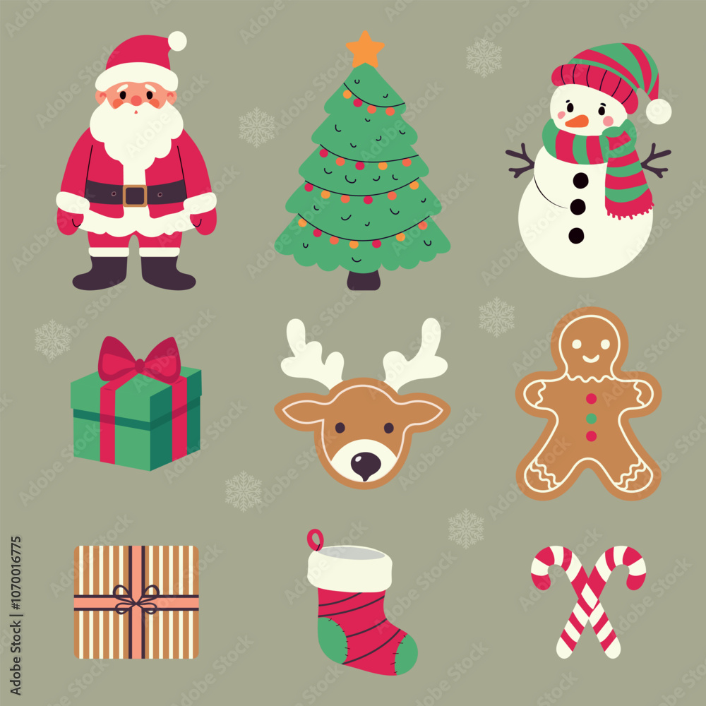 Christmas set, simple flat elements, Santa Claus, Christmas tree, gifts, gingerbread, snowman, Christmas sock Christmas set, simple flat elements, Santa Claus, Christmas tree, gifts, gingerbread, snowman, Christmas sock