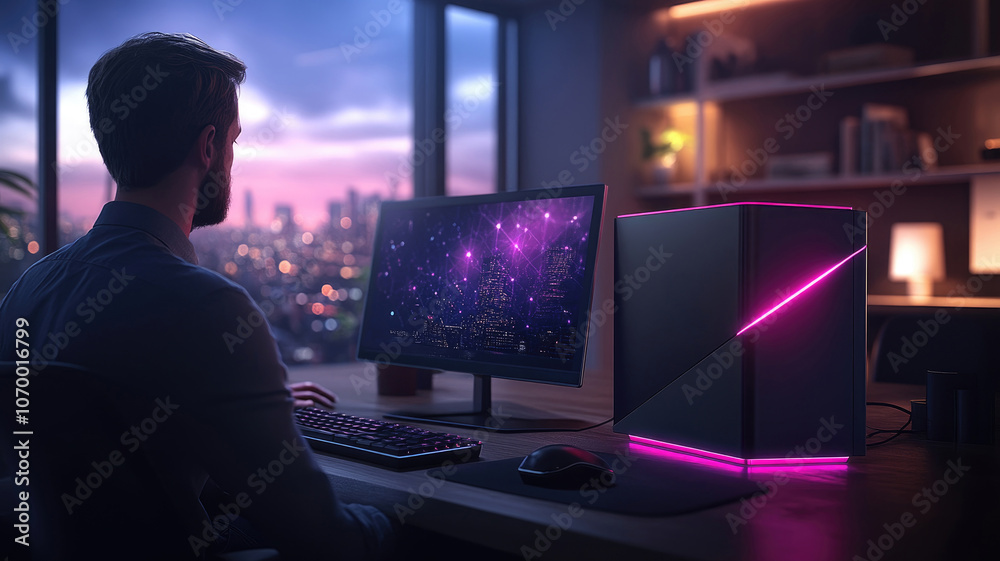 A man sits at a modern desk, engaged in late-night gaming on a desktop computer with vibrant lighting and a city view A man sits at a modern desk, engaged in late-night gaming on a desktop computer with vibrant lighting and a city view