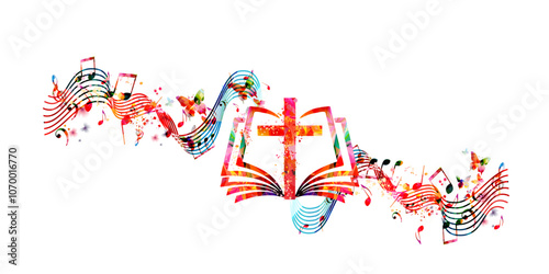 Colorful christian cross with music notes isolated vector illustration. Religion themed background. Design for gospel church music, choir singing, concert, festival, Christianity, prayer	