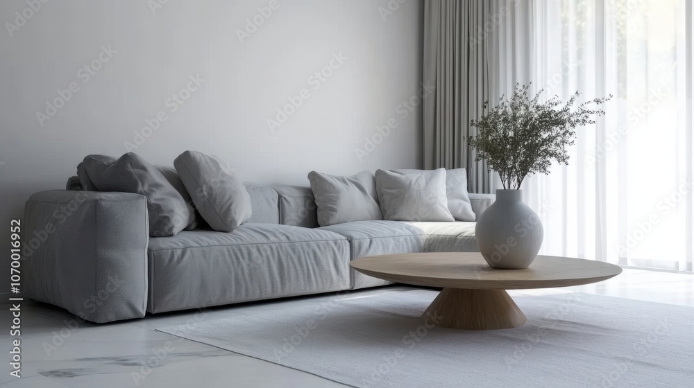 Naklejka premium Simple living room gray sofa vase coffee table, light interior