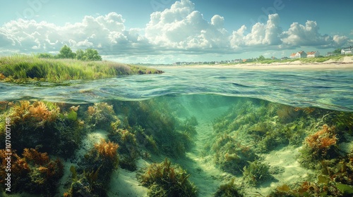 Underwater view of a serene coastal landscape with aquatic plants.