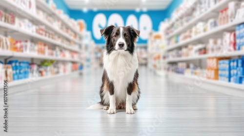 A dog sits in the center of a pet supply store aisle, surrounded by colorful shelves filled with various pet products.