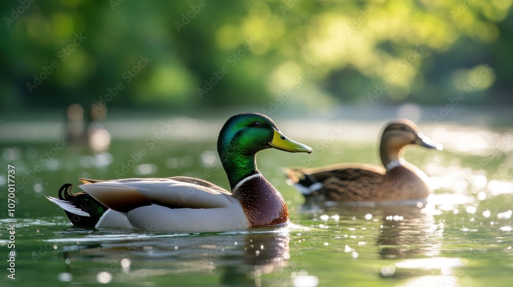 Two ducks swimming peacefully in a serene water setting. Two ducks swimming peacefully in a serene water setting.