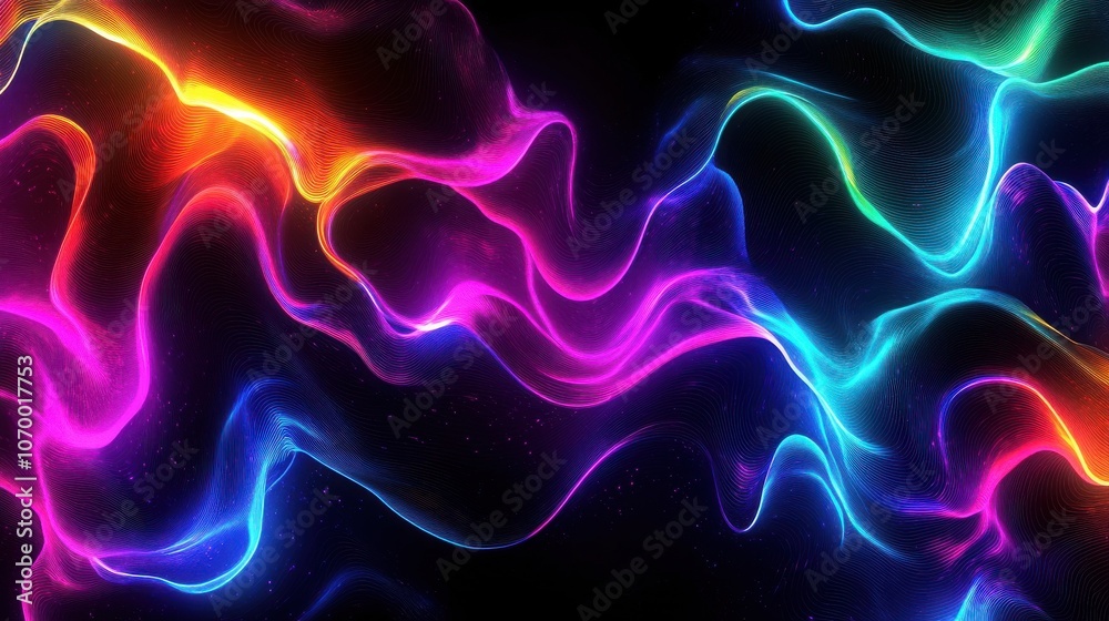 Vibrant abstract waves of colorful neon lights on a dark background, creating a mesmerizing flow. Vibrant abstract waves of colorful neon lights on a dark background, creating a mesmerizing flow.