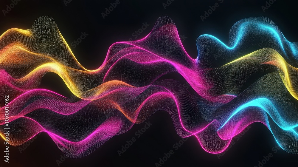 Obraz premium Vibrant abstract waves in pink, yellow, and blue create a dynamic visual flow on a dark background.