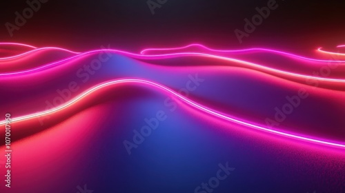 Abstract waves with vibrant pink and blue neon lights create a dynamic, futuristic atmosphere.