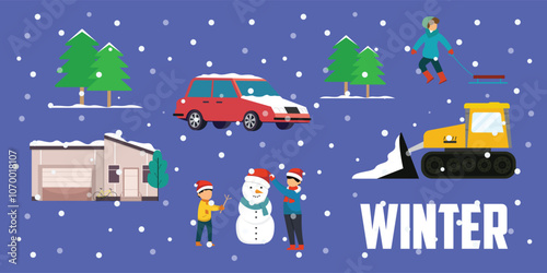 Winter Scene with Snow Activities, Snowman Building, and Snowplow 2d flat vector illustrations