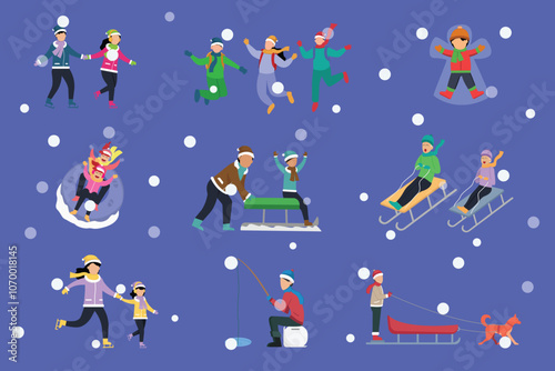 Winter Outdoor Activities: People Enjoying Snow with Sledding, Skating, and Snowball Fights 2d flat vector illustrations