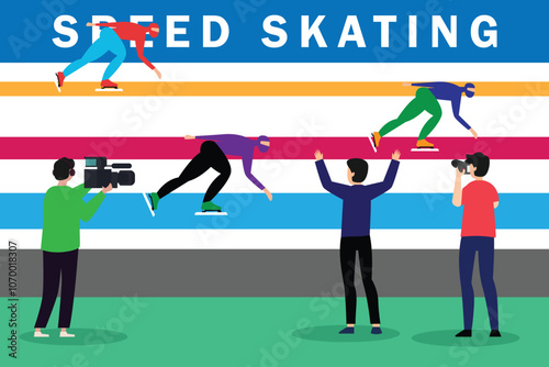 Speed Skating Competition with Photographers and Videographers Capturing the Action 2d flat vector illustrations
