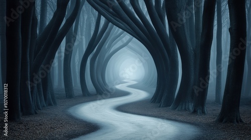 Mysterious foggy forest path with twisted trees creating a tunnel-like effect, AI photo