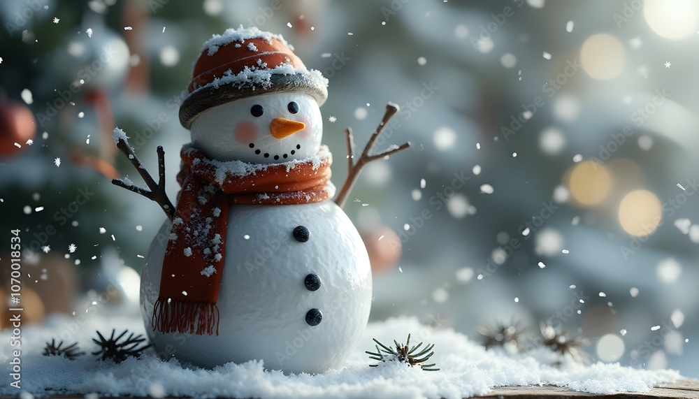 Fototapeta premium Snowman In Winter Wonderland With Falling Snow