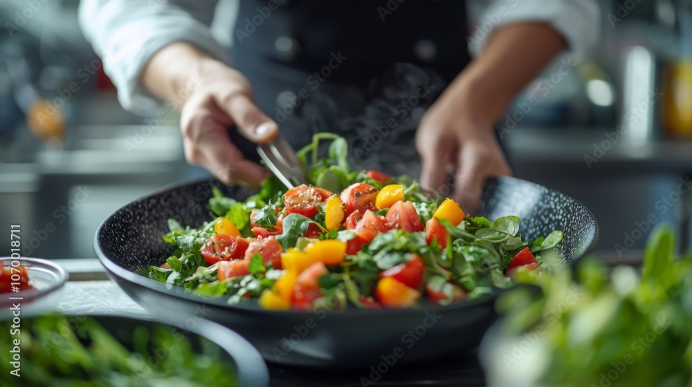 Chef creating vibrant vegan salad in professional kitchen for Veganuary Chef creating vibrant vegan salad in professional kitchen for Veganuary