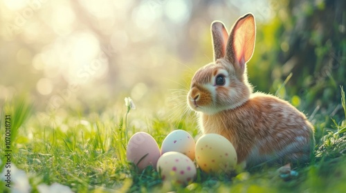 A cute rabbit sits beside colorful Easter eggs in a sunny, grassy setting.