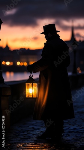 Evening twilight on charles bridge  a lamplighter illuminates lanterns in prague s enchanting glow photo