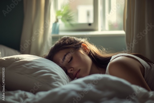 A peaceful young woman sleeps soundly on a cozy pillow. Soft light filters through the window. Relaxation and tranquility capture this serene moment. Generative AI