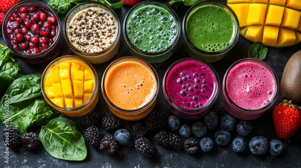 Vibrant Veganuary smoothie bar with diverse plantbased ingredients Vibrant Veganuary smoothie bar with diverse plantbased ingredients