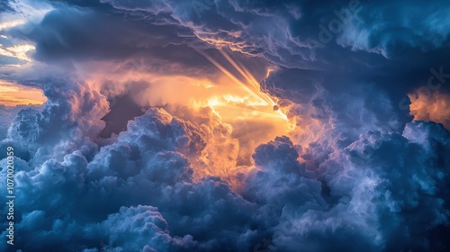 Dramatic sunset rays pierce through a vibrant sky filled with billowing clouds.