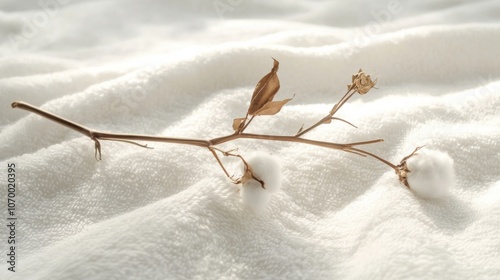 Dried branch of cotton plant on a soft white towel with space for text, elegant natural background