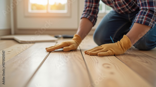 Worker installing wood laminate flooring with precision and care