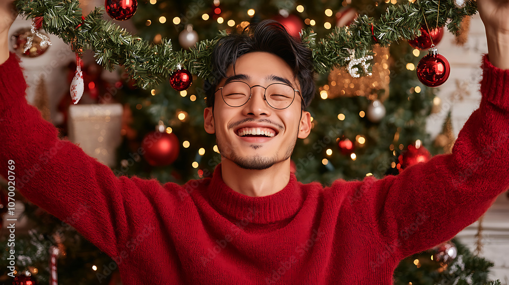 Happy Man Decorating Christmas Tree Happy Man Decorating Christmas Tree