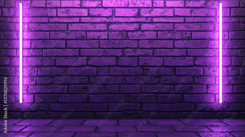 An atmospheric purple brick wall illuminated by neon lights creates a vibrant and modern backdrop. An atmospheric purple brick wall illuminated by neon lights creates a vibrant and modern backdrop.