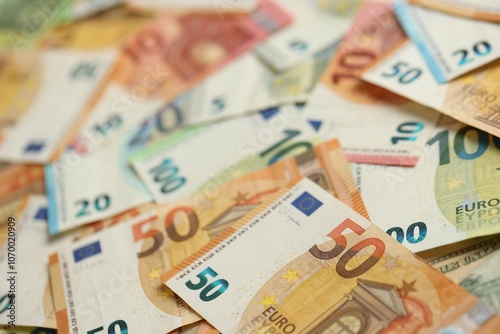 Many euro money bills. Lot of banknotes of european union currency close up photo