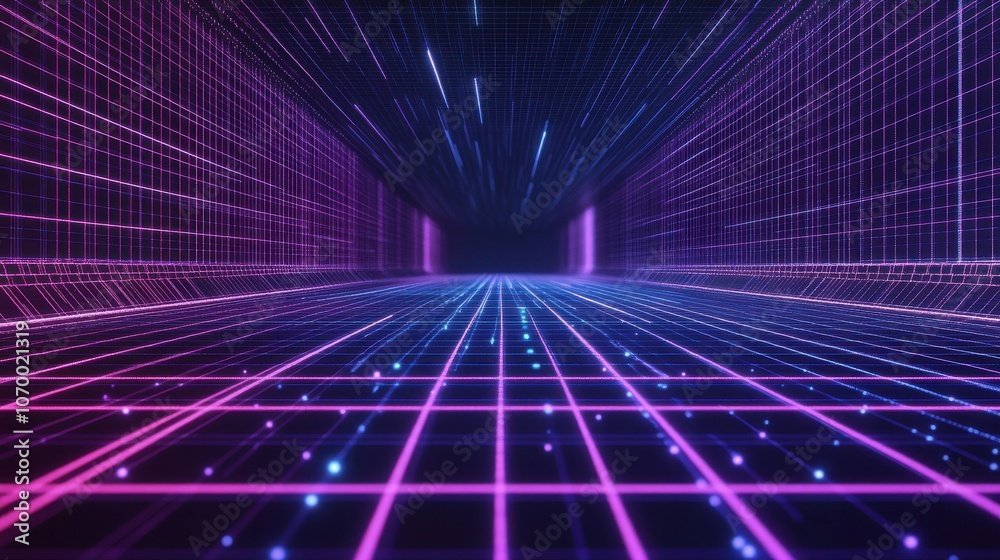 custom made wallpaper toronto digitalA vibrant abstract digital tunnel featuring purple and blue neon lines creating a futuristic grid pattern.