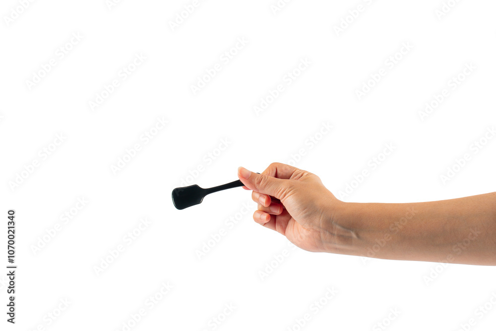 Plastic Ice cream spoons in hand on transparent background.
