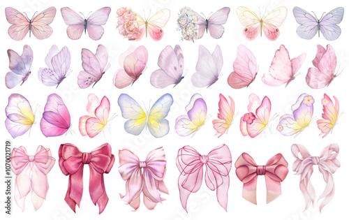 Butterfly and bows collection. Watercolor illustration. Colorful butterflies clipart set.Baby shower design elements.Party invitation, birthday celebration.Spring, summer decor.Pink yellow red flowers