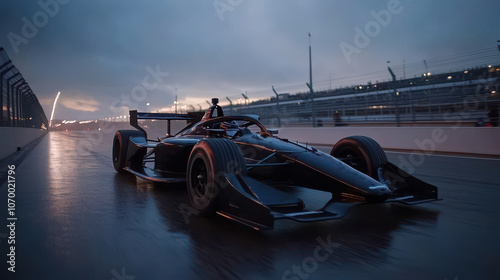 High-speed formula one car racing on wet track at sunset photo