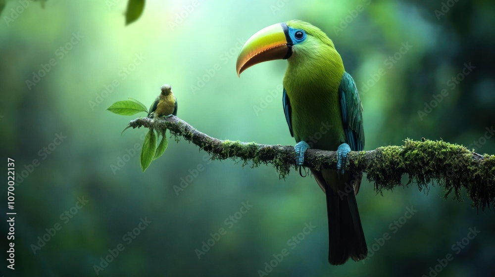 A vibrant toucan perched on a mossy branch beside a small bird in a lush forest setting. A vibrant toucan perched on a mossy branch beside a small bird in a lush forest setting.