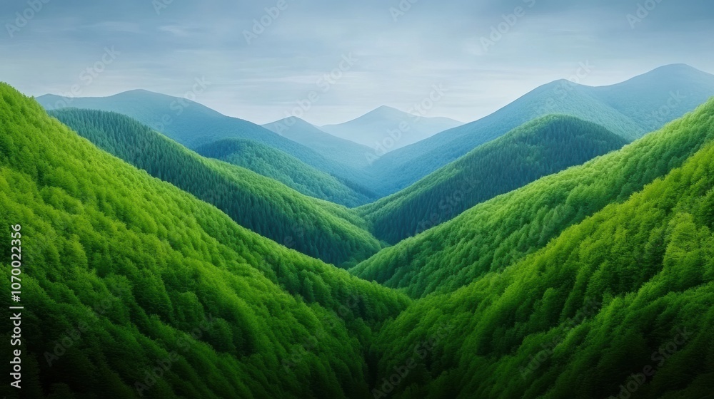 Naklejka premium Lush green hills stretch into the distance under a serene sky, AI
