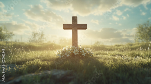 Wooden Easter cross on grassy hill at sunrise with flowers