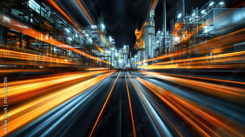 Dynamic night scene of an industrial facility with bright lights streaming through, emphasizing motion. Dynamic night scene of an industrial facility with bright lights streaming through, emphasizing motion.