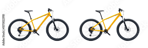 An isolated white background with a yellow and black 29er mountainbike with thick offroad tyres. Bicycle mtb cross country aluminum, cycling sport transport concept. photo