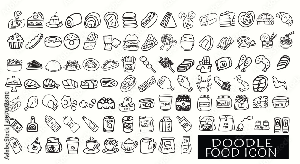 Set of outline doodles food, fast food, bakery,meat,shushi,snack,beverage, ingredient, menu, breakfast, lunch, dinner on white background. Hand drawn elements icons.Vector illustation Set of outline doodles food, fast food, bakery,meat,shushi,snack,beverage, ingredient, menu, breakfast, lunch, dinner on white background. Hand drawn elements icons.Vector illustation