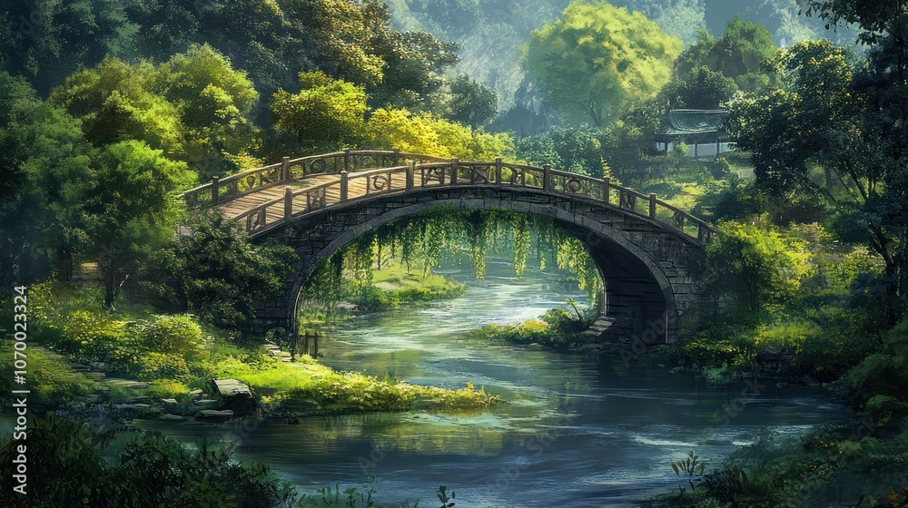 A picturesque bridge over a winding river, surrounded by greenery A picturesque bridge over a winding river, surrounded by greenery